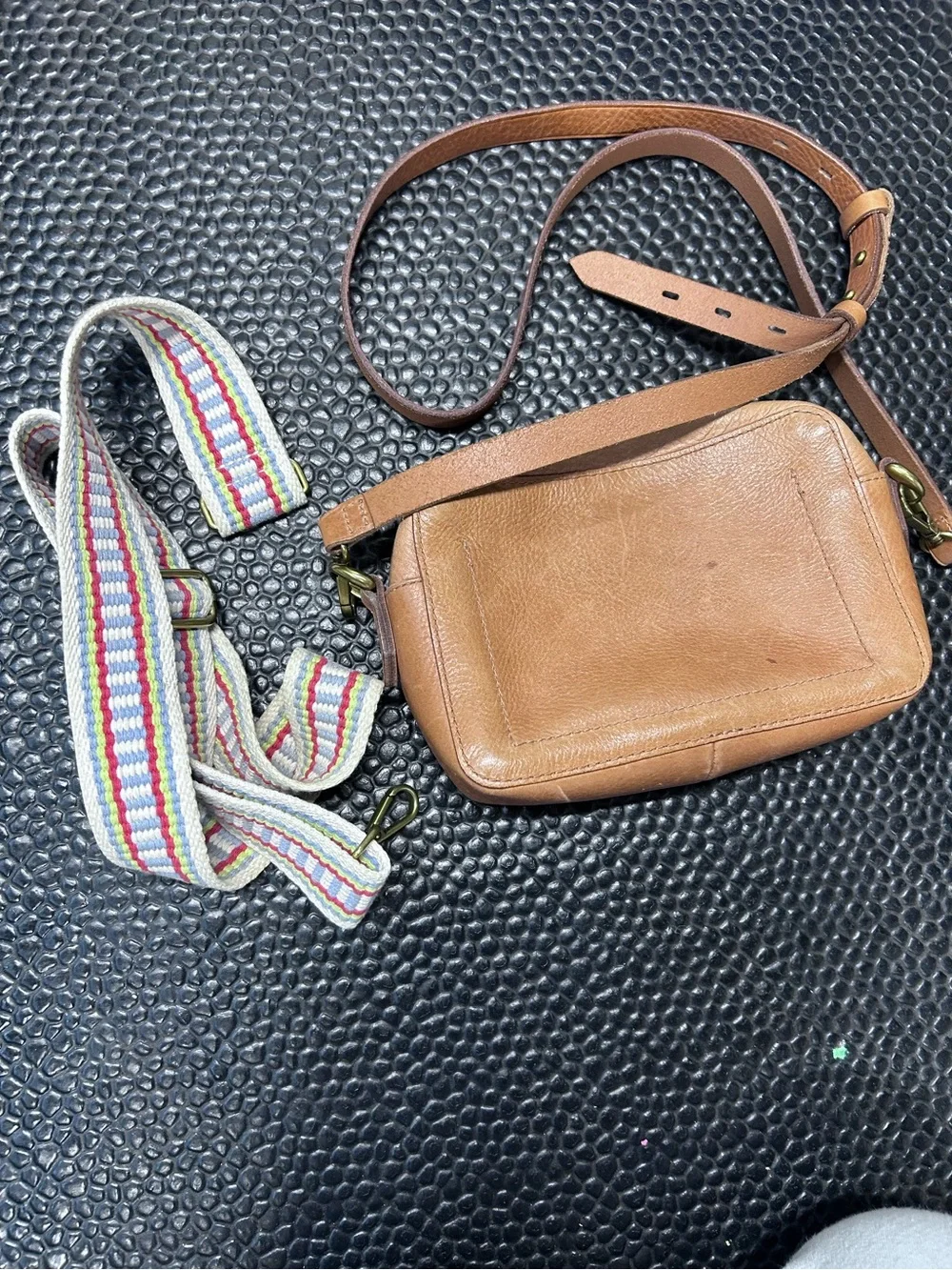 Madewell Leather camera Crossbody Bag with  Striped Adjustable Strap